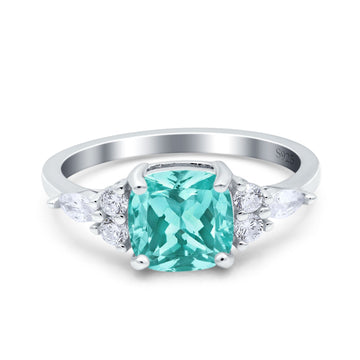 Cushion Cut Art Deco Engagement Ring Simulated Paraiba Tourmaline CZ 925 Sterling Silver